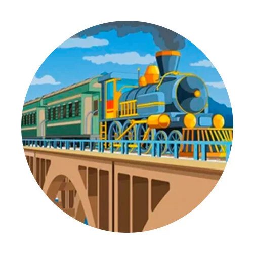 Цветной пример раскраски паровоз на мосту