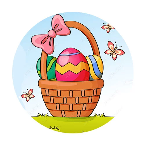 Цветной вариант раскраски пасхальные яйца в корзине