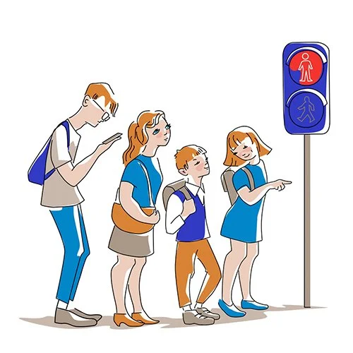 Цветной пример раскраски пешеходы стоят на светофоре