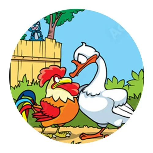 Цветной вариант раскраски петух и гусь
