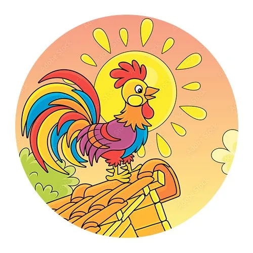 Цветной вариант раскраски петух на крыше на рассвете