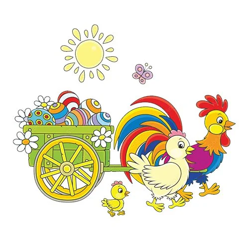 Цветной вариант раскраски петух с курицей и цыплятами на пасху