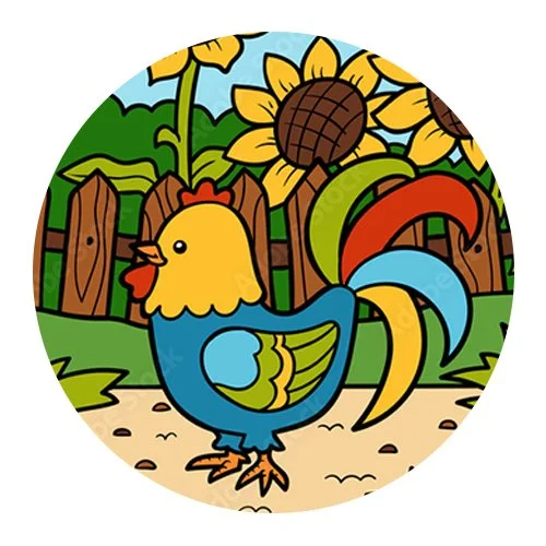 Цветной вариант раскраски петух у подсолнухов