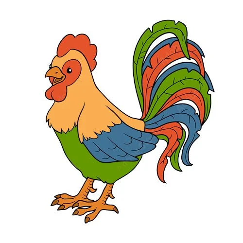 Цветной вариант раскраски петух улыбатеся