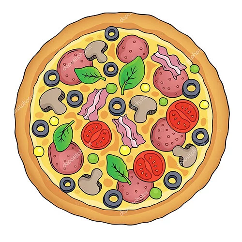 Цветной вариант раскраски пиццы с грибами и томатами