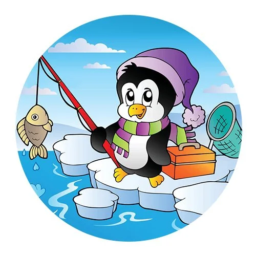 Цветной пример раскраски пингвин на рыбалке