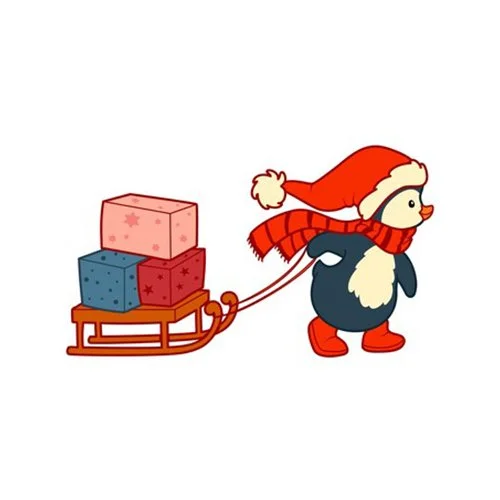 Цветной вариант раскраски пингвин развозит подарки