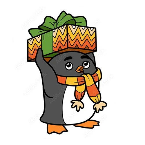 Цветной вариант раскраски пингвин с большим подарком