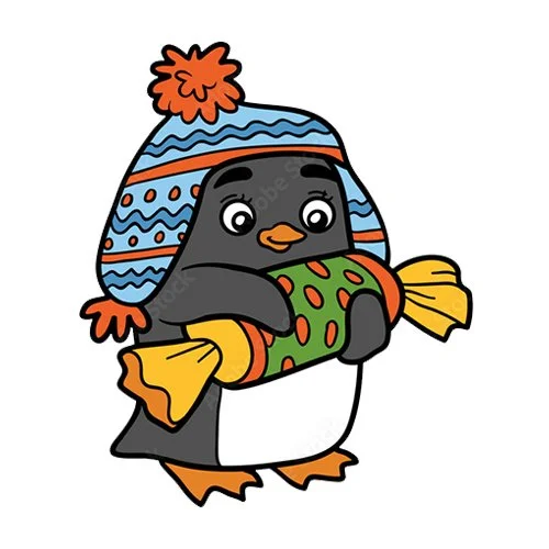 Цветной вариант раскраски пингвин с большой конфетой