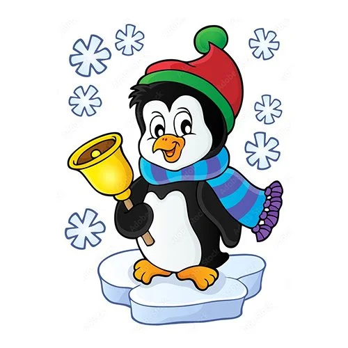 Цветной вариант раскраски пингвин с колокольчиком