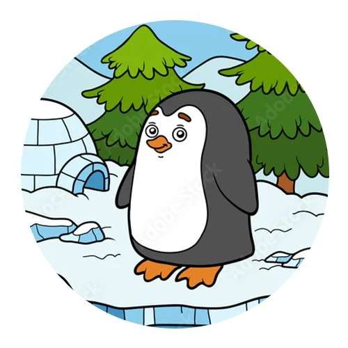 Цветной вариант раскраски пингвин в своем доме