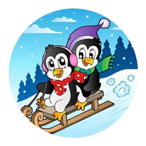 Цветной вариант раскраски пингвины на санках
