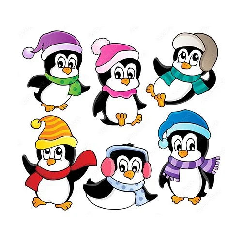 Цветной вариант раскраски пингвины в одежде