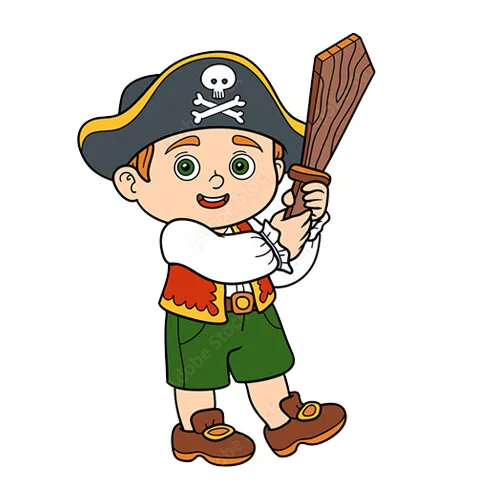 Цветной вариант раскраски пират с деревянным мечом