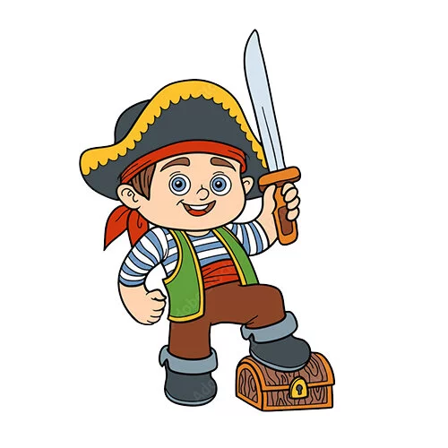 Цветной вариант раскраски пират с сундуком