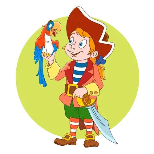 Цветной вариант раскраски пират юный с попугаем