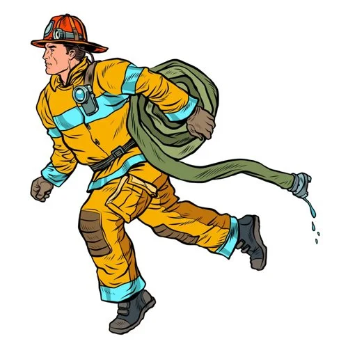 Цветной вариант раскраски пожарный бежит с рукавом