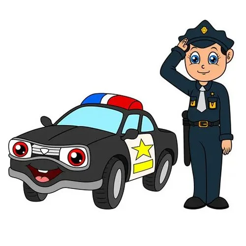 Цветной вариант раскраски полицейский и полицейская машина