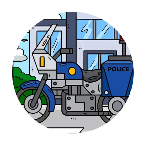 Цветной вариант раскраски полицейский мотоцикл в городе