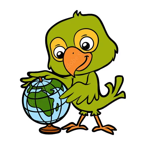 Цветной вариант раскраски попугай с глобусом