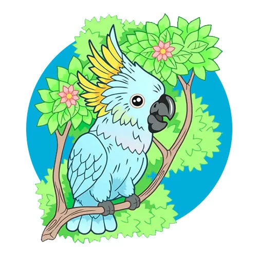 Цветной вариант раскраски попугай в цветах довольный