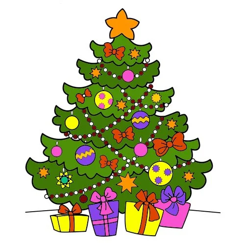 Цветной пример раскраски пушистая новогодняя ёлочка с подарками