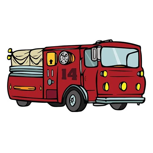 Цветной вариант раскраски работающая пожарная машина