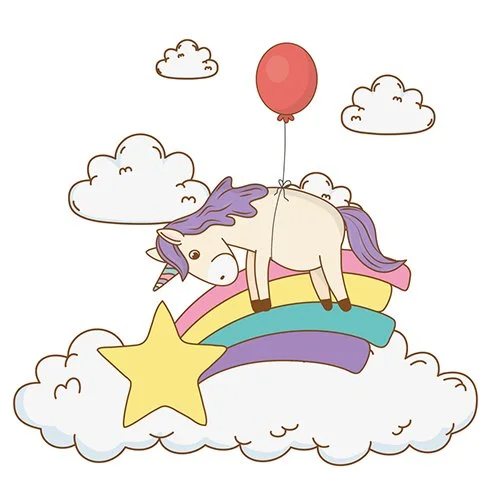 Цветной вариант раскраски радуга, облака и единорог