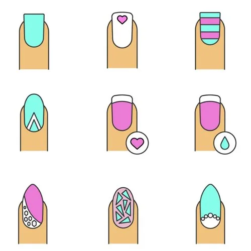 Цветной вариант раскраски разные рисунки на ногтях