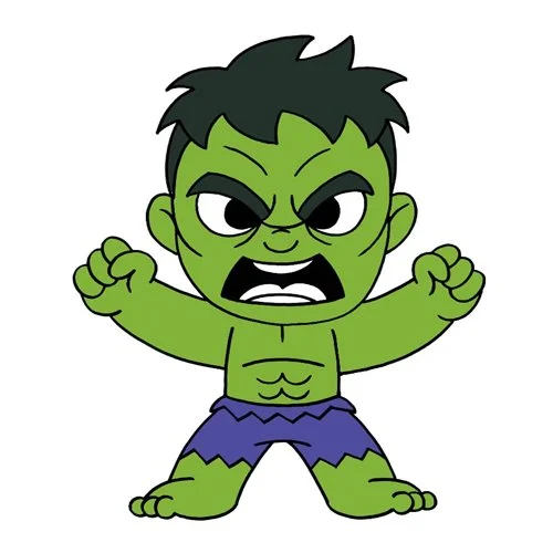 Цветной пример раскраски рисунок халк маленький в гневе