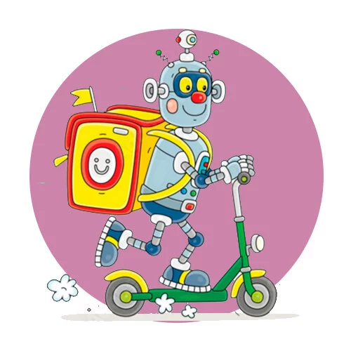 Цветной вариант раскраски робот-доставщик на самокате