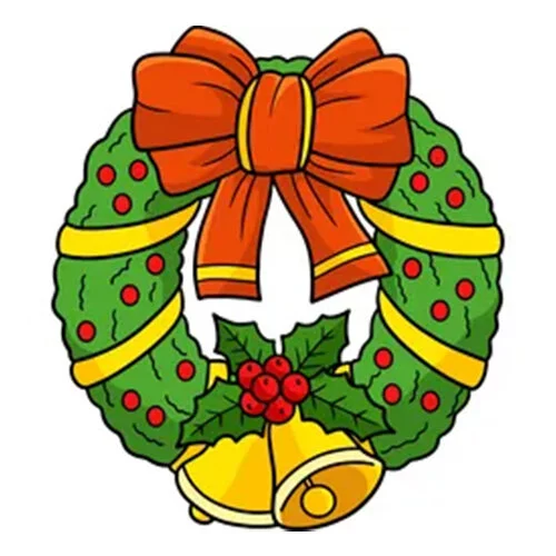 Цветной вариант раскраски рождественский венок и колокольчик