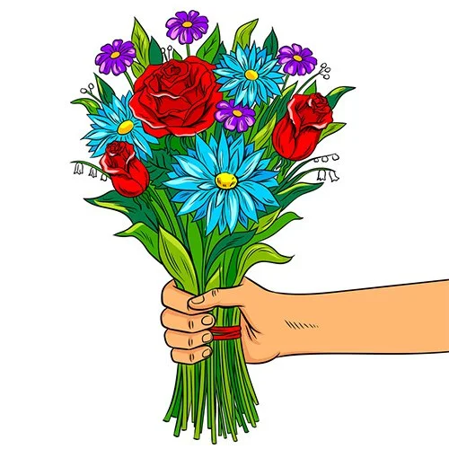 Цветной вариант раскраски розы в большом букете