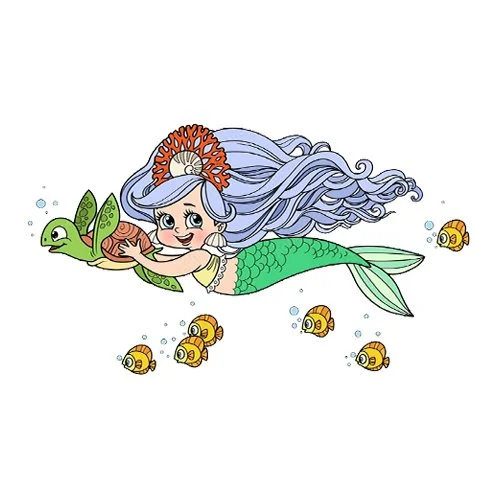 Цветной пример раскраски русалка плавает с черепахой