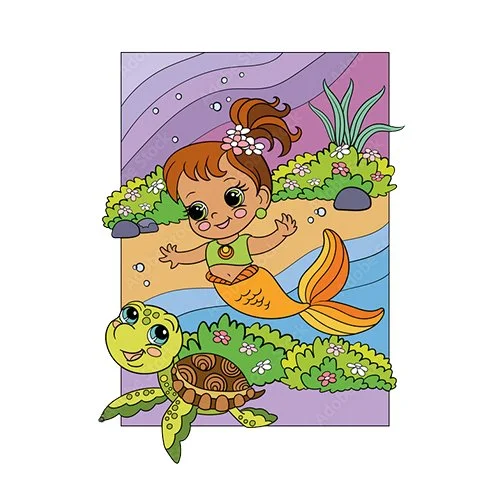 Цветной вариант раскраски русалка с черепахой