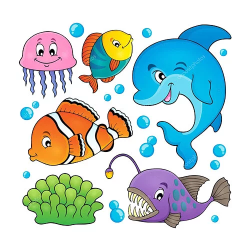 Цветной вариант раскраски рыбы и дельфин