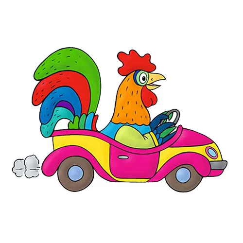 Цветной вариант раскраски с цветным образцом петух