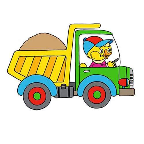 Цветной вариант раскраски с цветным образцом самосвал