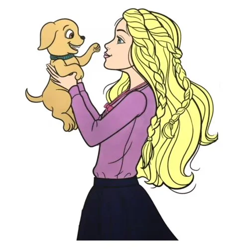 Цветной вариант раскраски барби с милым песиком