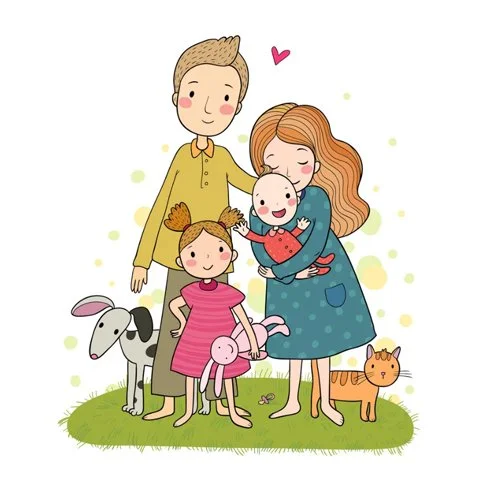 Цветной вариант раскраски семья, где мама, папа, двое детей и животные