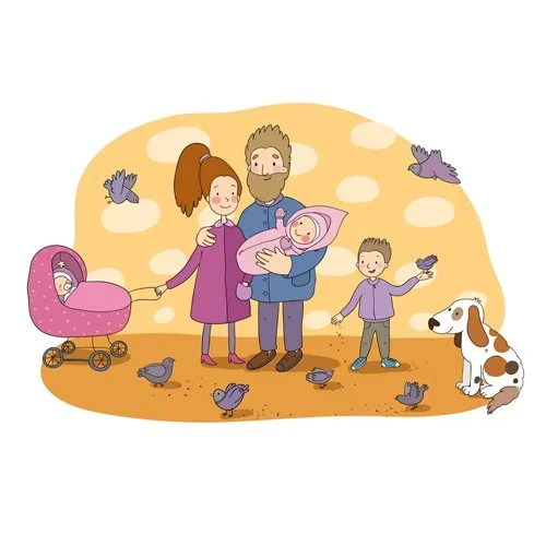 Цветной вариант раскраски семья на прогулке