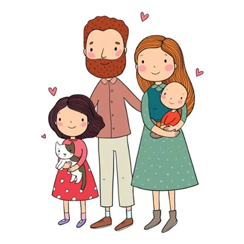 Цветной пример раскраски семья с собакой и кошкой
