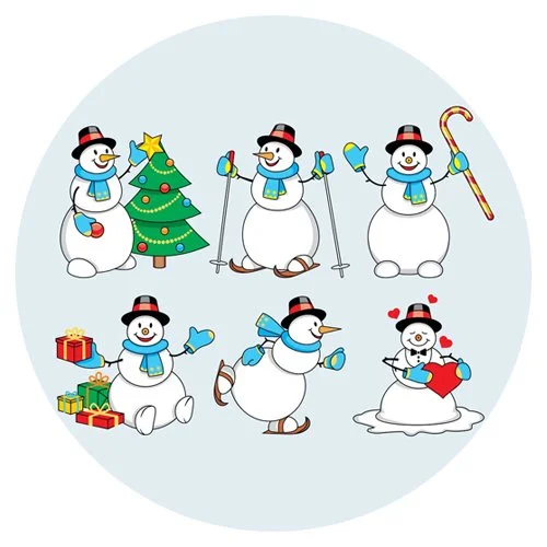 Цветной вариант раскраски шесть снеговиков