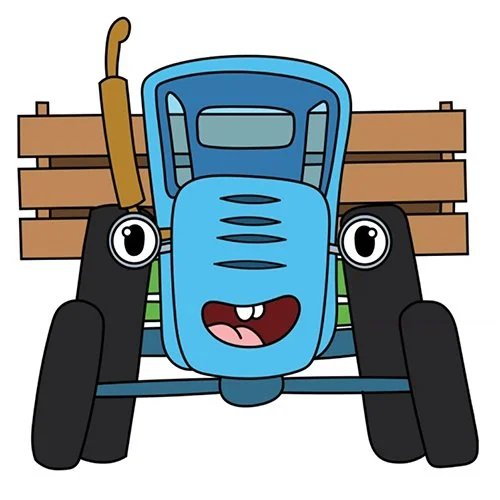 Цветной вариант раскраски синий трактор с прицепом