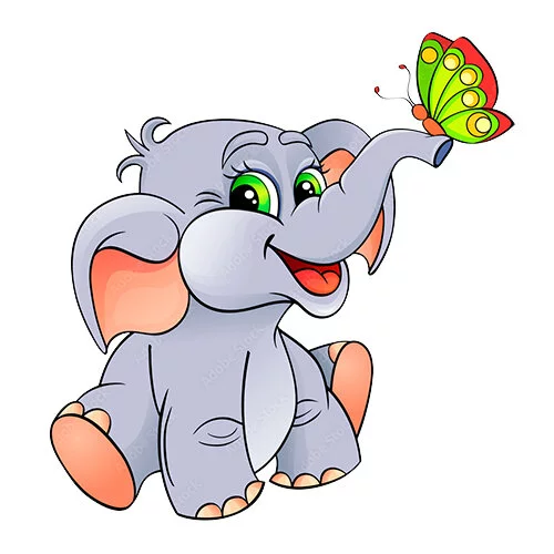 Цветной вариант раскраски слон радуется бабочке
