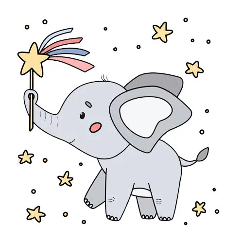 Цветной вариант раскраски слон с волшебной палочкой
