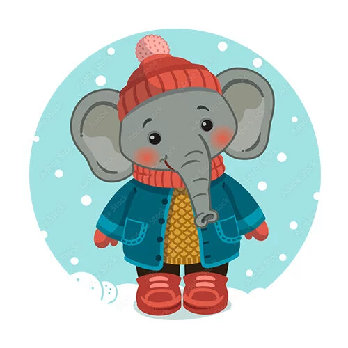 Цветной вариант раскраски слон в зимней одежде