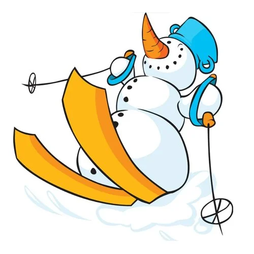 Цветной вариант раскраски снеговик на лыжах катится с горы