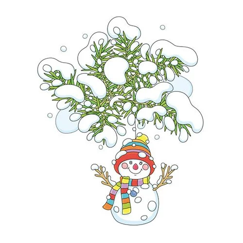 Цветной пример раскраски снеговик под ёлкой