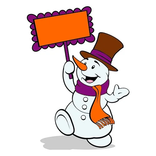 Цветной вариант раскраски снеговик с табличкой